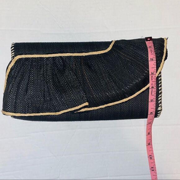 Woven Ruffle Clutch Black Straw Evening Bag Party Purse - Picture 8 of 10